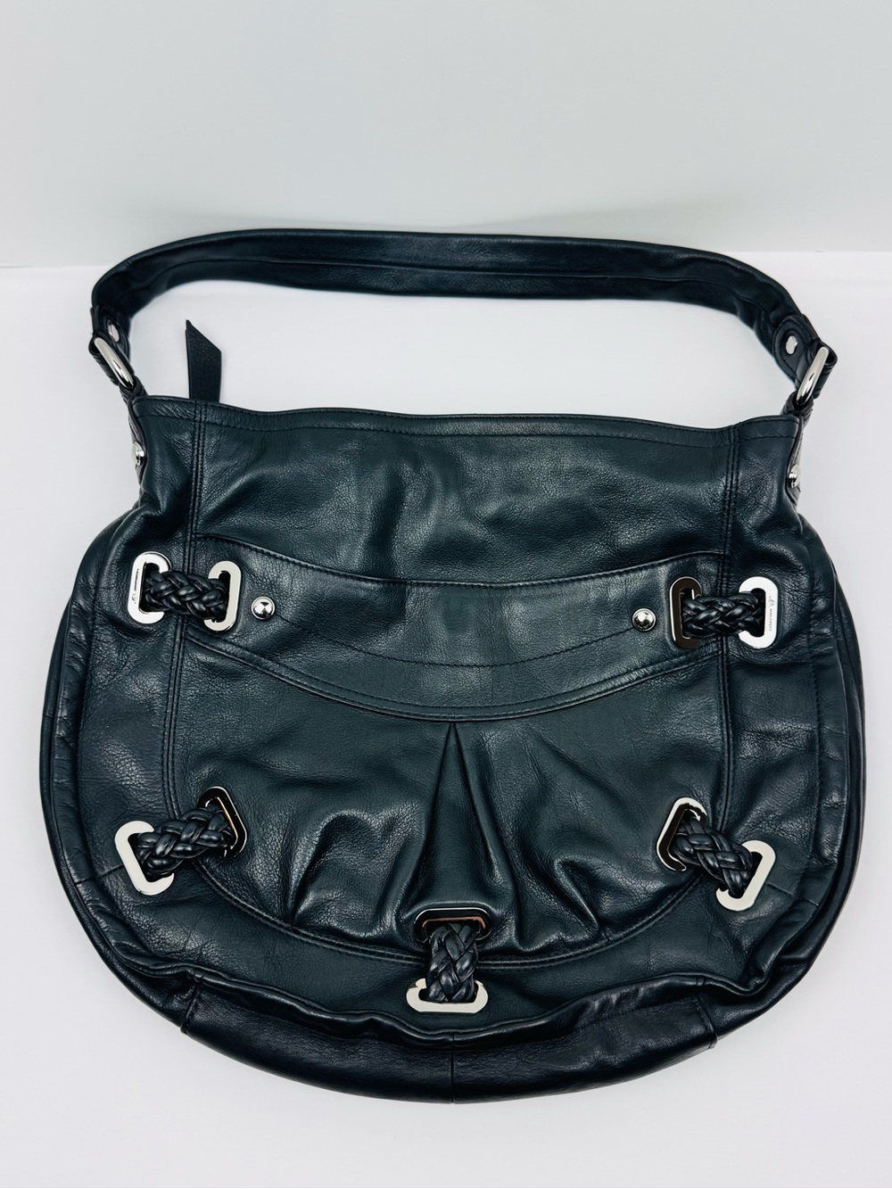 B. Makowsky Black Leather Hobo Bag with silver hardware. Soft, supple leather.
